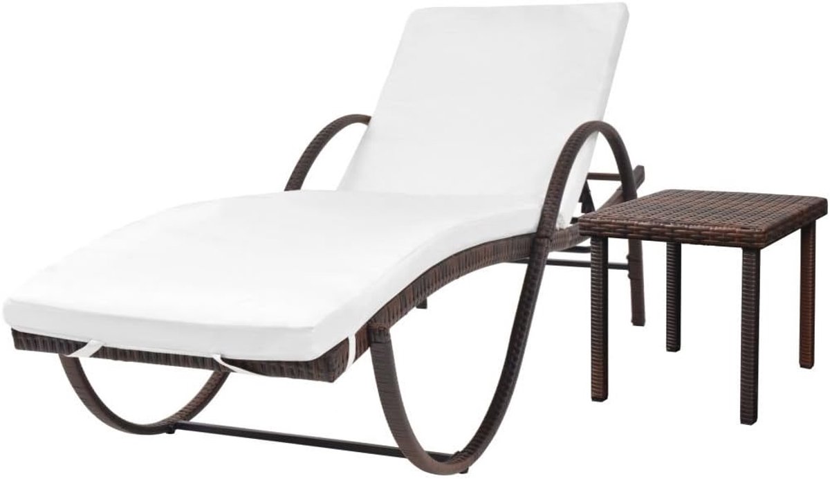 Zonneligstoel met kussen en tafel van polyrotan, bruin, ligstoelen voor tuin, polyrotan, zonnebed, zonnebed voor buiten