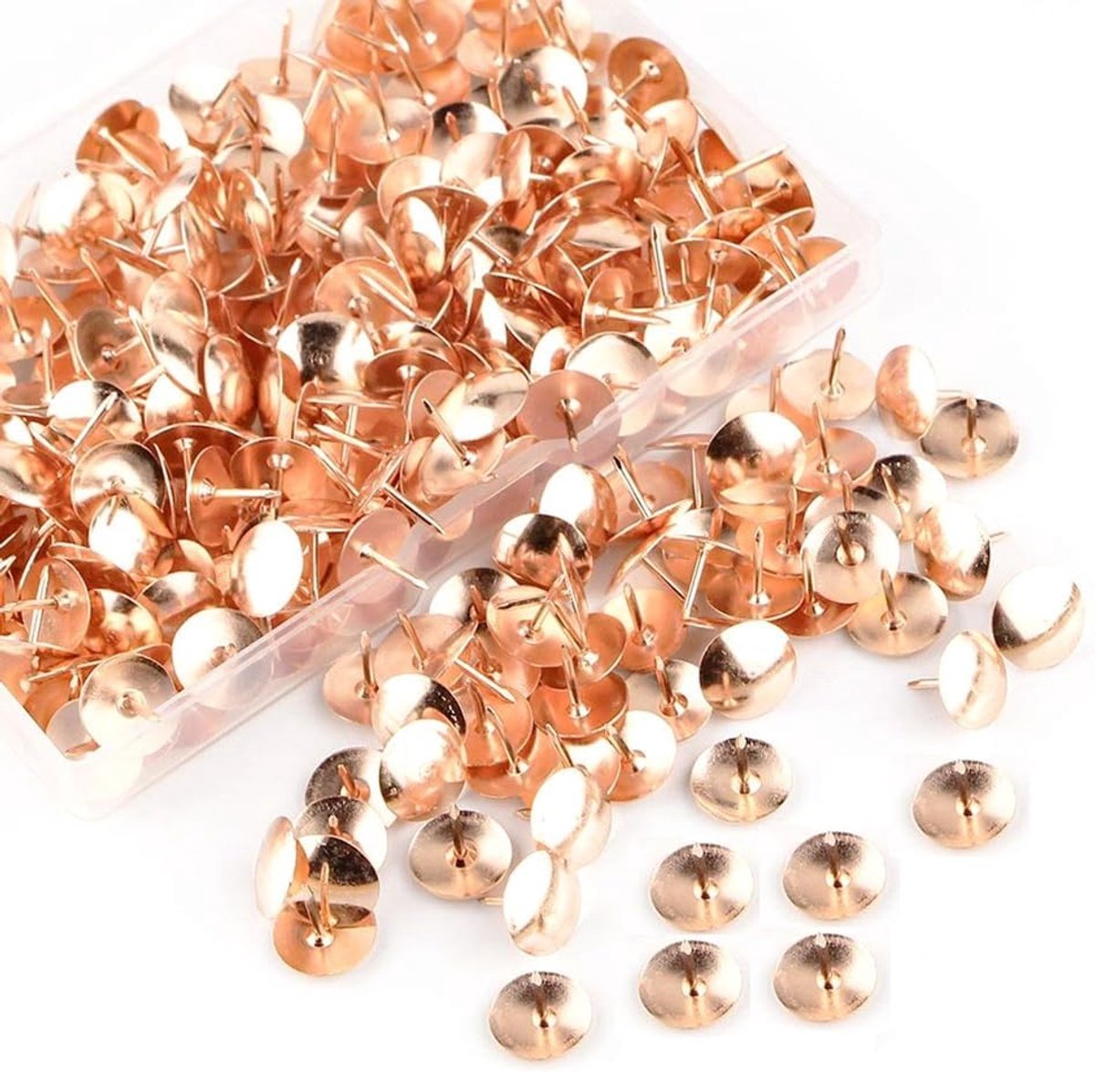 Punaises, punaises, thumb tacks met kunststof doos, punaises, spelden ronde kop, pinnen, bekledingsnagels, pinspelden, deurnagel voor kantoor, foto's, landkaart, roségoud
