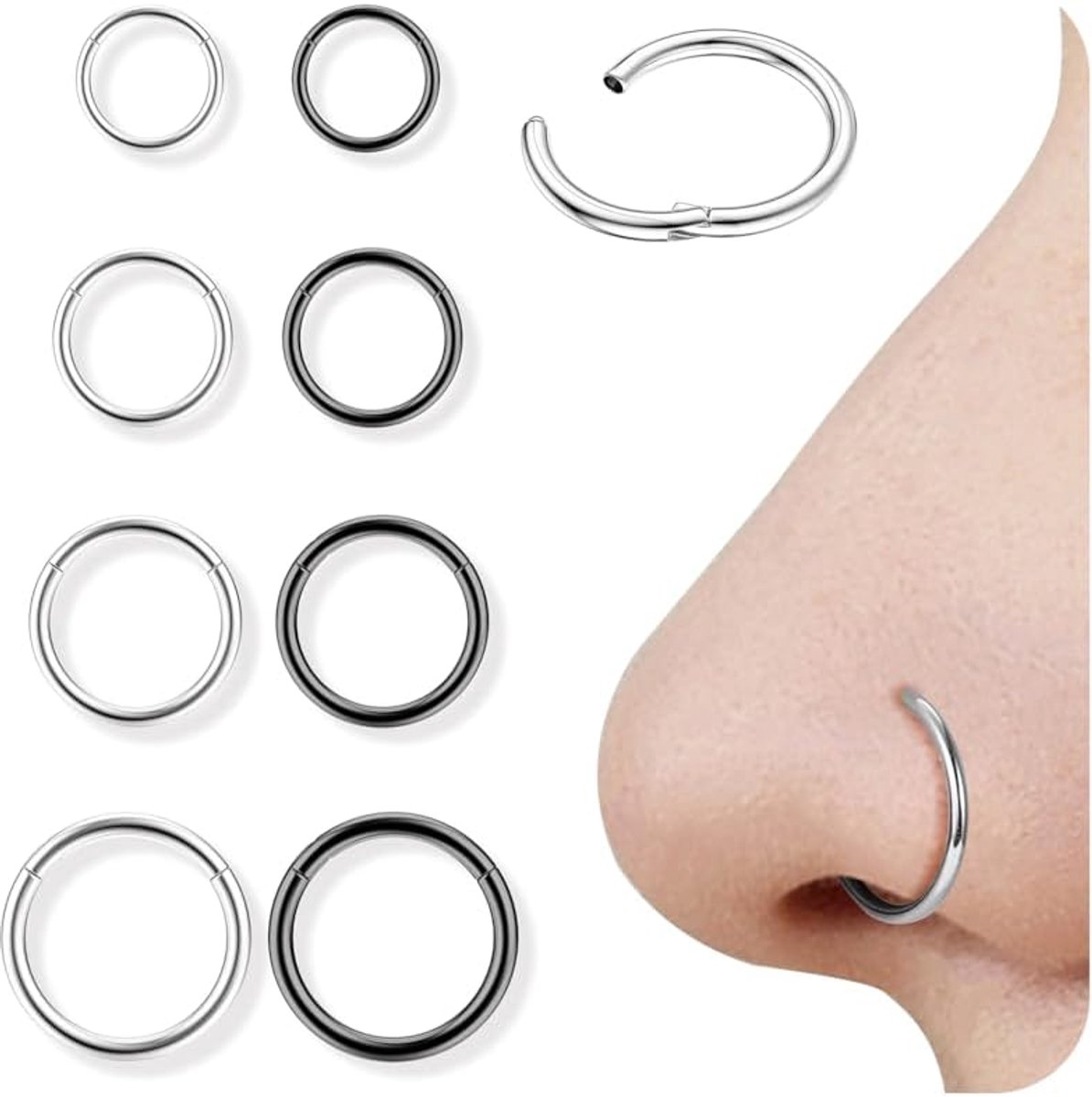 8 stuks 16G/18G neusringhoepels 316L chirurgisch staal, septumring, helix, traguspiercing, kraakbeensieraden, conch, rook, daith, lipring, zwart zilver gouden neusringen 6 mm/8 mm/10 mm/12 mm