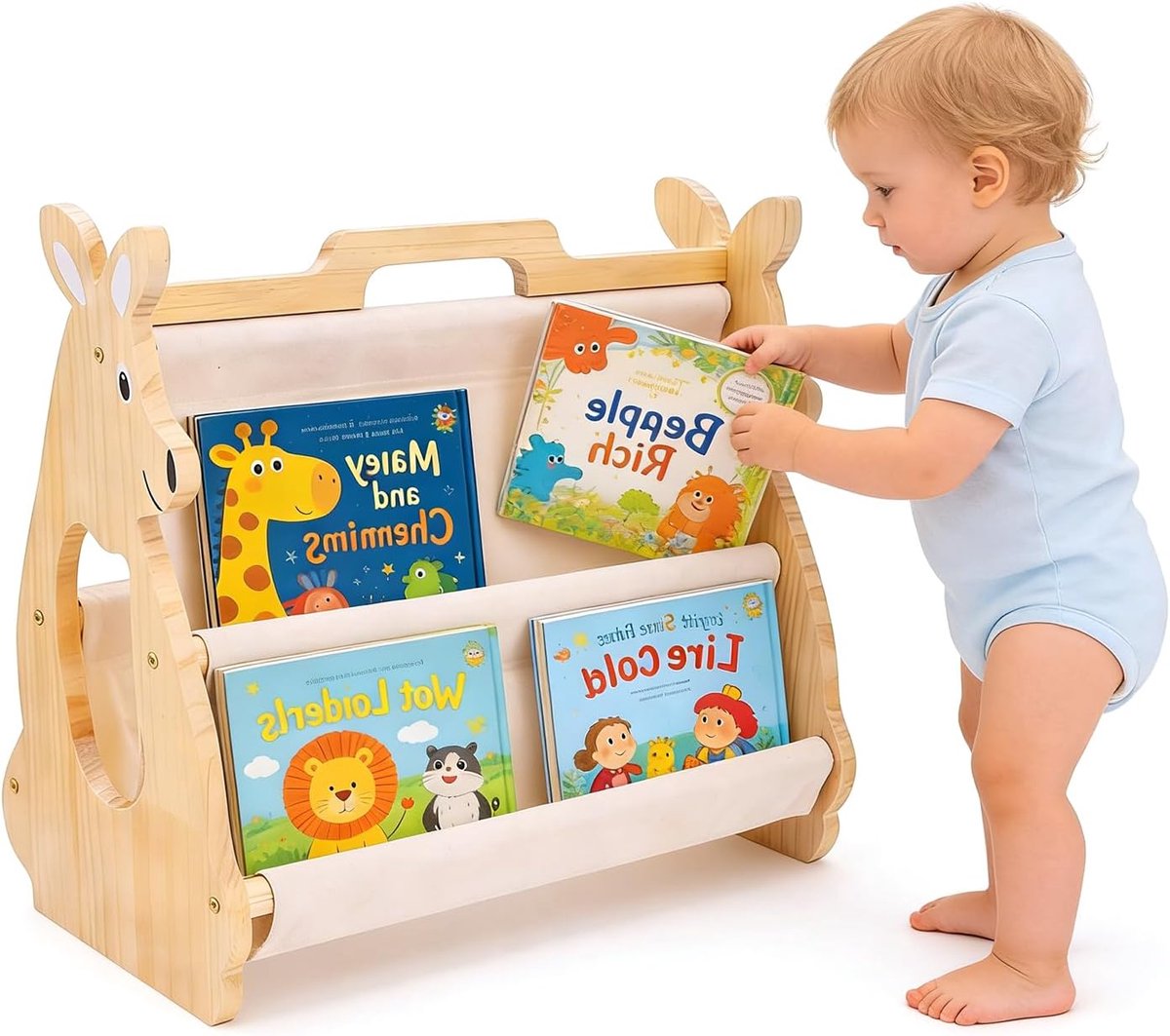 Boekenkast voor kleine kinderen, dubbelzijdig met 4 diepe vakken, houten boekenplank voor babykamer, speelkamer, klaslokaal of slaapkamer voor opslag en organisatie (kangoeroe)