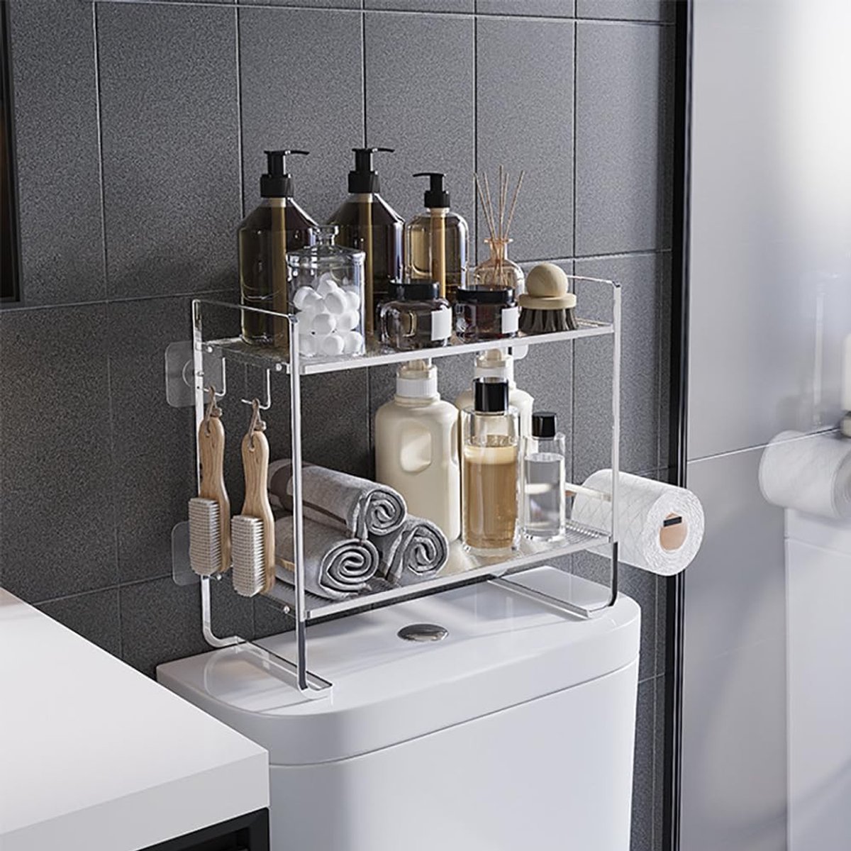 Toiletrek over het toilet, metalen toiletrek met 2 haken, 2 etages, badkamerorganizer, badkamermeubel voor aan de muur, ruimtebesparend, modern (zilver) (45 x 16 x 36 cm)