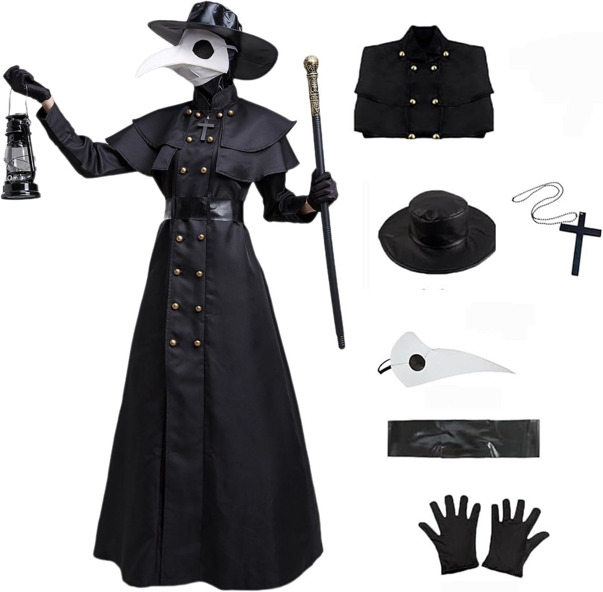 6-delige pestdokterskostuumset, middeleeuws steampunk pestdokter halloweenkostuum met accessoireset