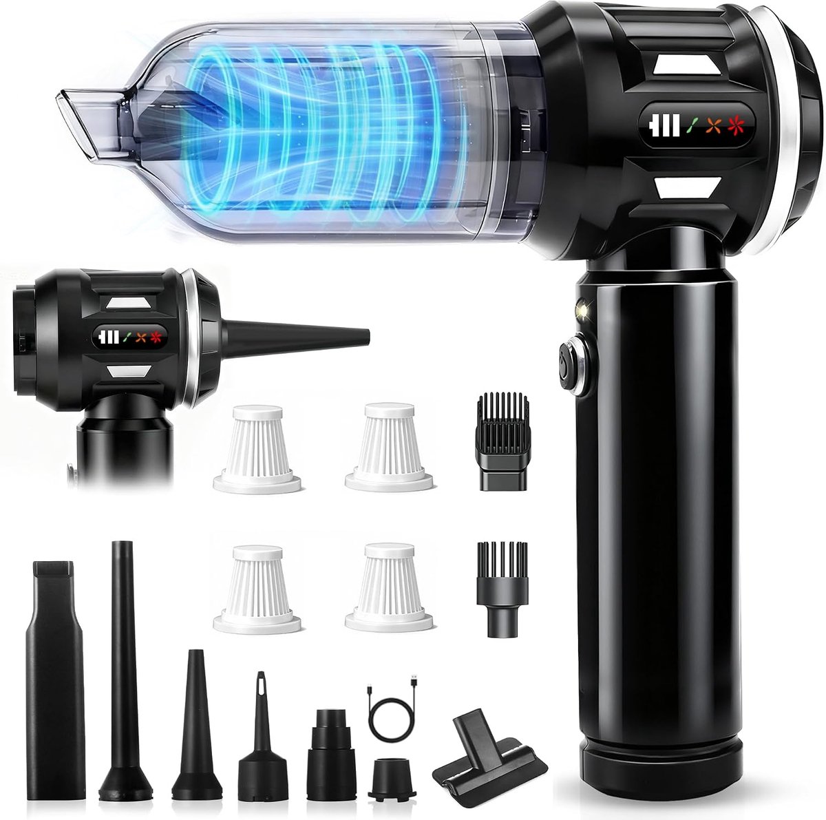 Handstofzuiger, accu, mini-stofzuiger, draadloos, 25000 Pa, handstofzuiger, sterk, 4-in-1, autostofzuiger met borstelloze motor, 3 standen, draagbare stofzuiger voor auto, huishouden