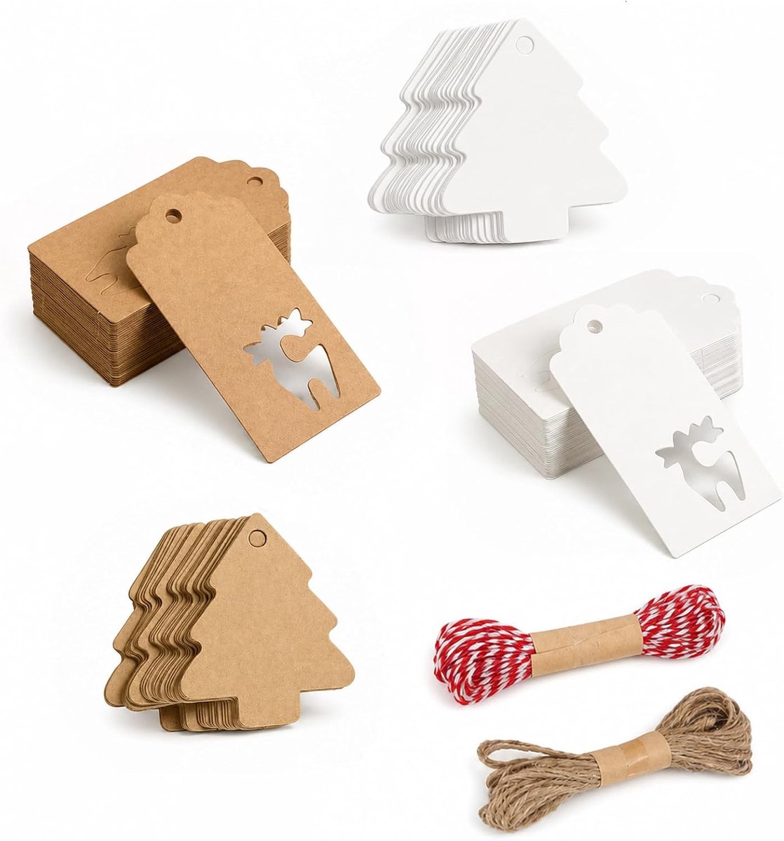 100 stuks cadeaulabels Kerstmis, rendier en dennenboom met koord