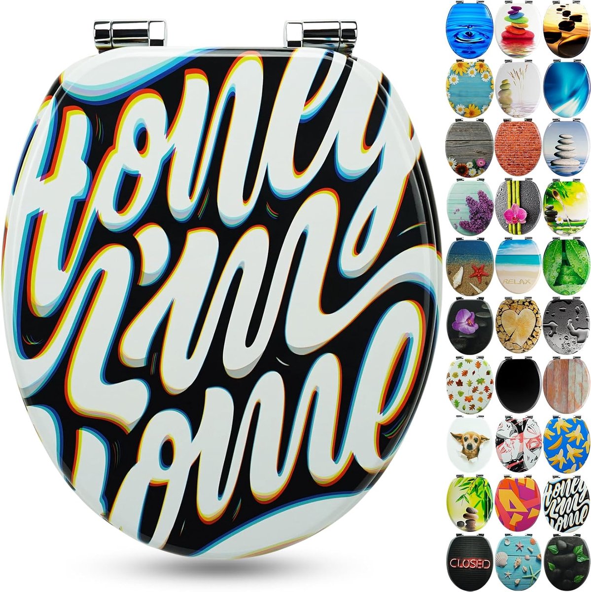 Wc-bril met houten kern en softclose-mechanisme - hoogwaardige kwaliteit en vele kleurrijke motieven, comfortabele zitting, eenvoudige montage inclusief handleiding - "Honey I'm Home"