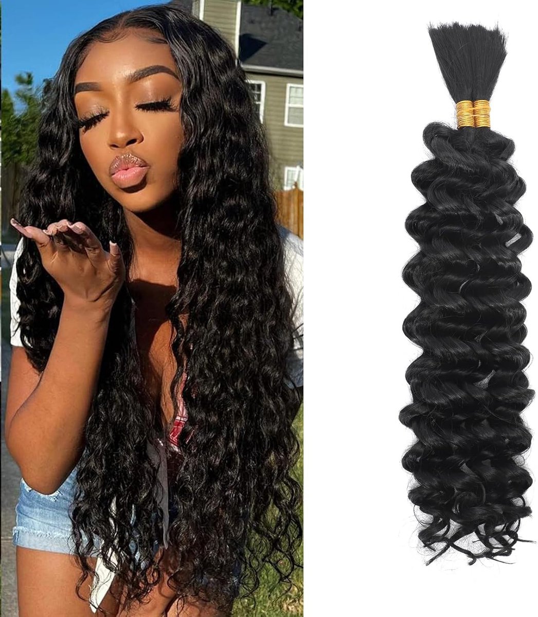 Wave Bulk for Braiding 18inch 110g With 2 Bundles Deep Wave Bulk Hair for Boho Braids No Weft Curly Wavy Synthetic Bohemian Braiding Hair Extensions for Women (1B, 18inch(55g/Bundle x2))