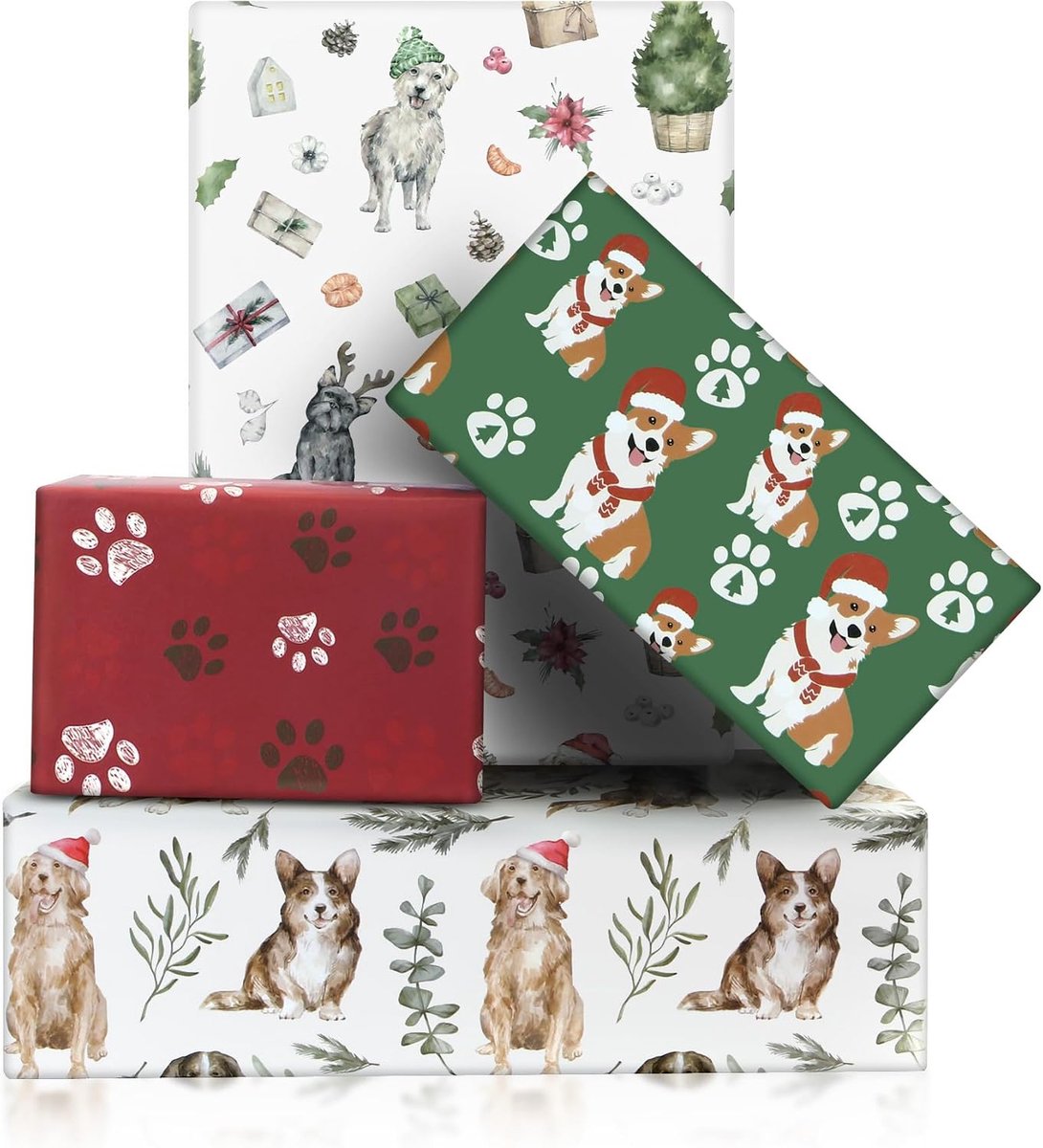 Hond Inpakpapier, Kerst Pet Puppy Hond Geschenkpapier - 8 Vellen Gevouwen Plat 50x70cm Poot Wrap Papier per Vel voor Kerstmis, Verjaardag, Kerstmis en Wintervakantie