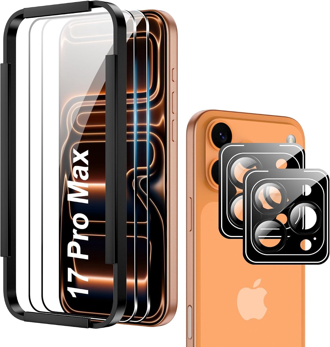 Fitudoos Voor iPhone 17 Pro Max 6,9 inch, 2 stuks, gehard glas, displaybeschermfolie + camera-lensbescherming, eenvoudig installatiegereedschap, zonder luchtbellen, krasbestendig.