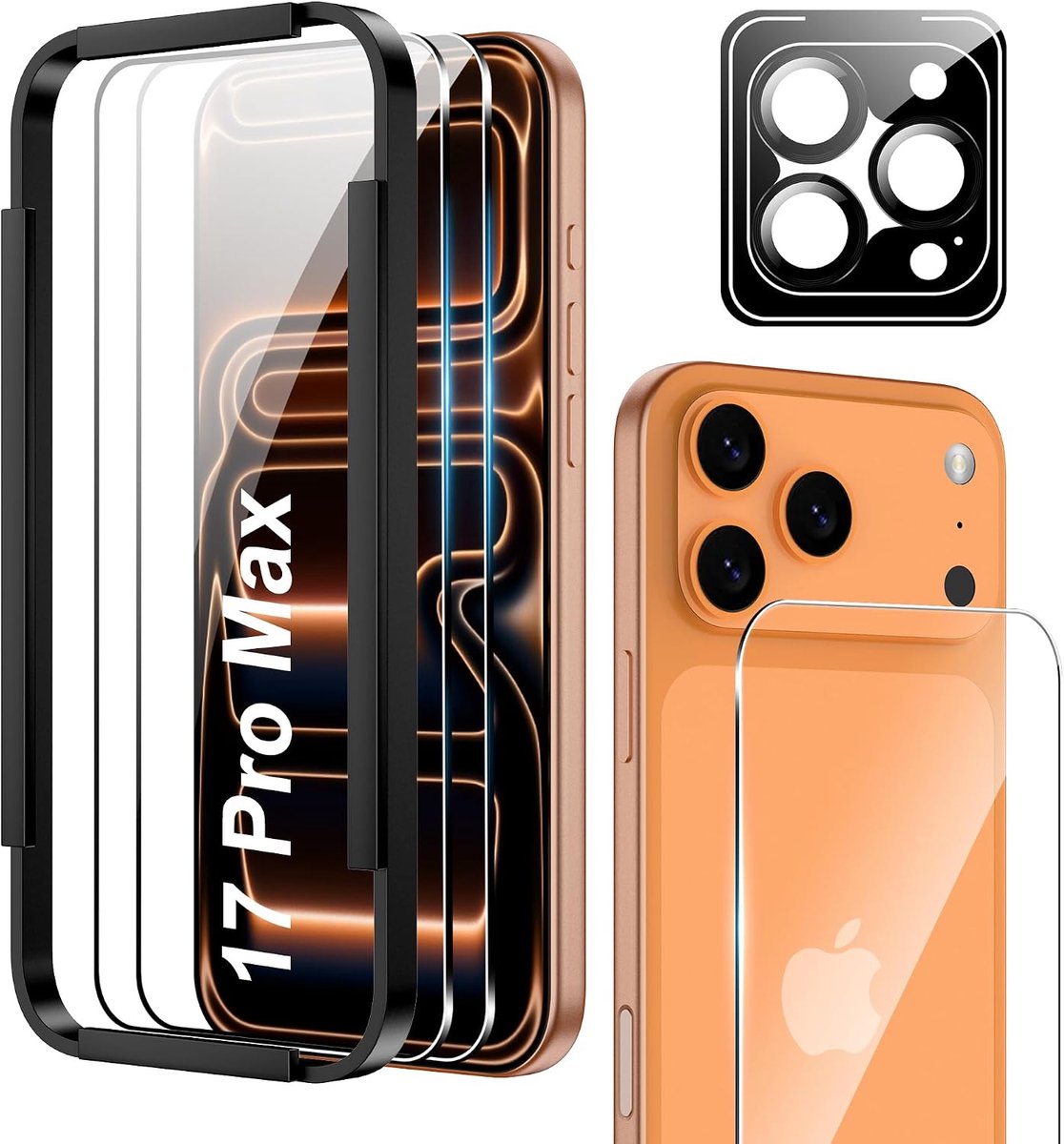 Fitudoos voor iPhone 17 Pro Max 6.9 [2 stuks] 9H gehard glas beschermfolie + beschermfolie voor de achterkant [1 stuk] + cameralensbescherming [1 stuk] + eenvoudig installatiegereedschap