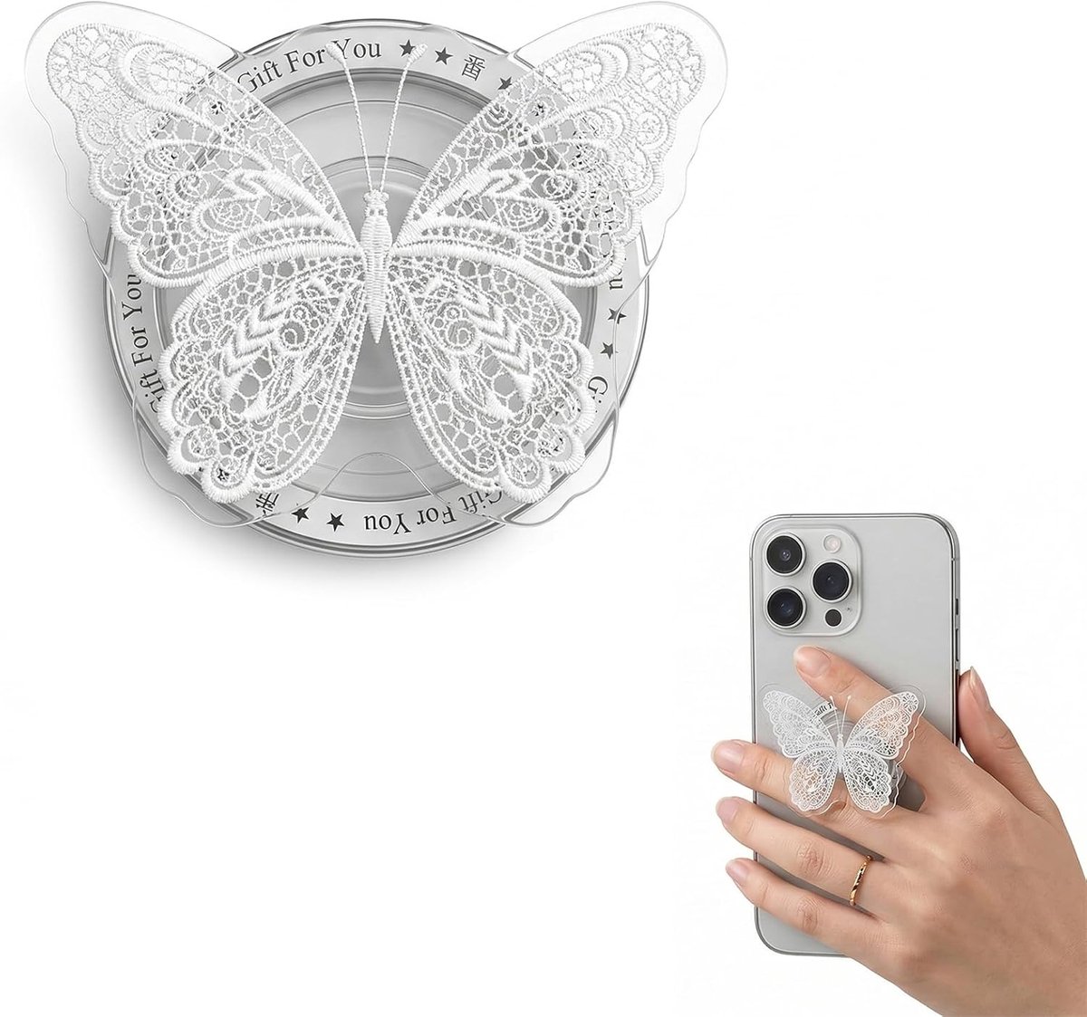 Uittrekbaar, vlindermotief, kleur wit, universeel voor smartphones, elegant en praktisch design