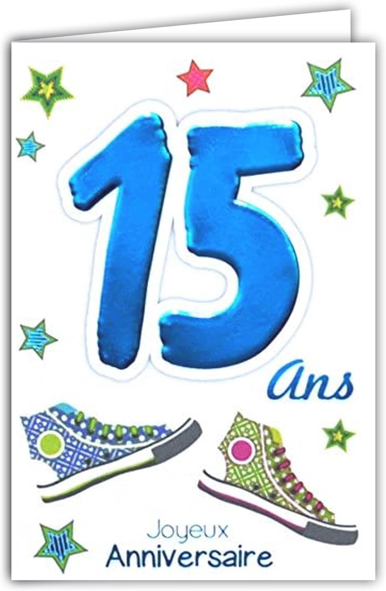 Mv 69-2015 kaart "Joyeux Anniversaire", 15 jaar, voor jongens en meisjes, motief sneakers, sterren