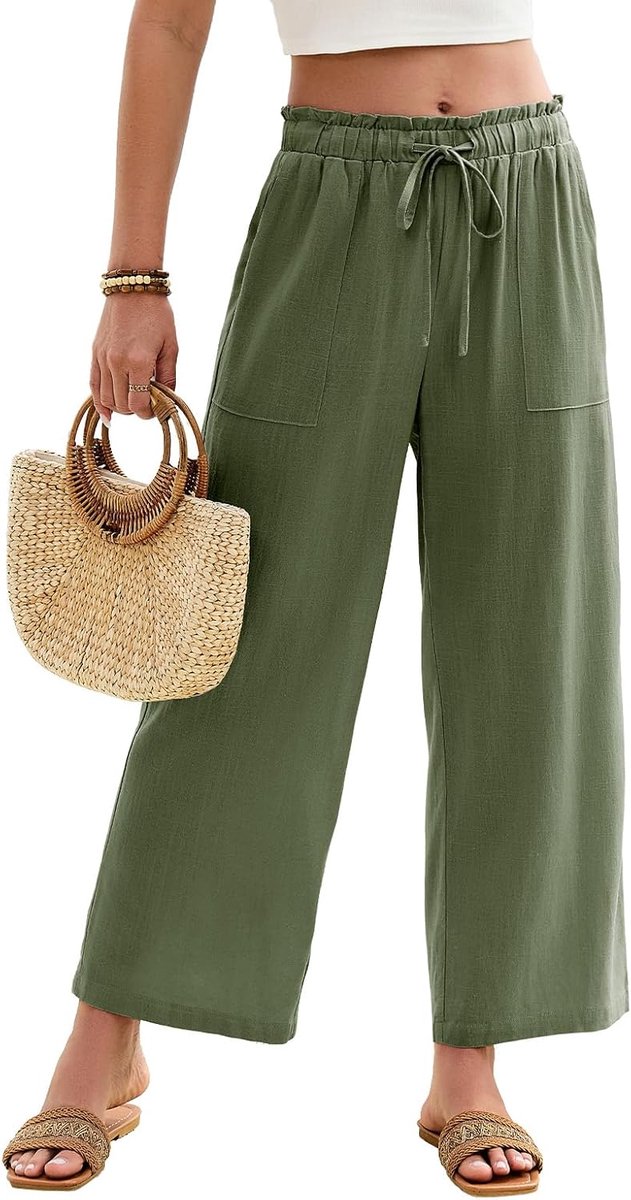 Linnen broek dames zomerbroek brede zomerbroek licht losse casual elastische hoge taille Palazzo vrijetijdsbroek strandbroek
