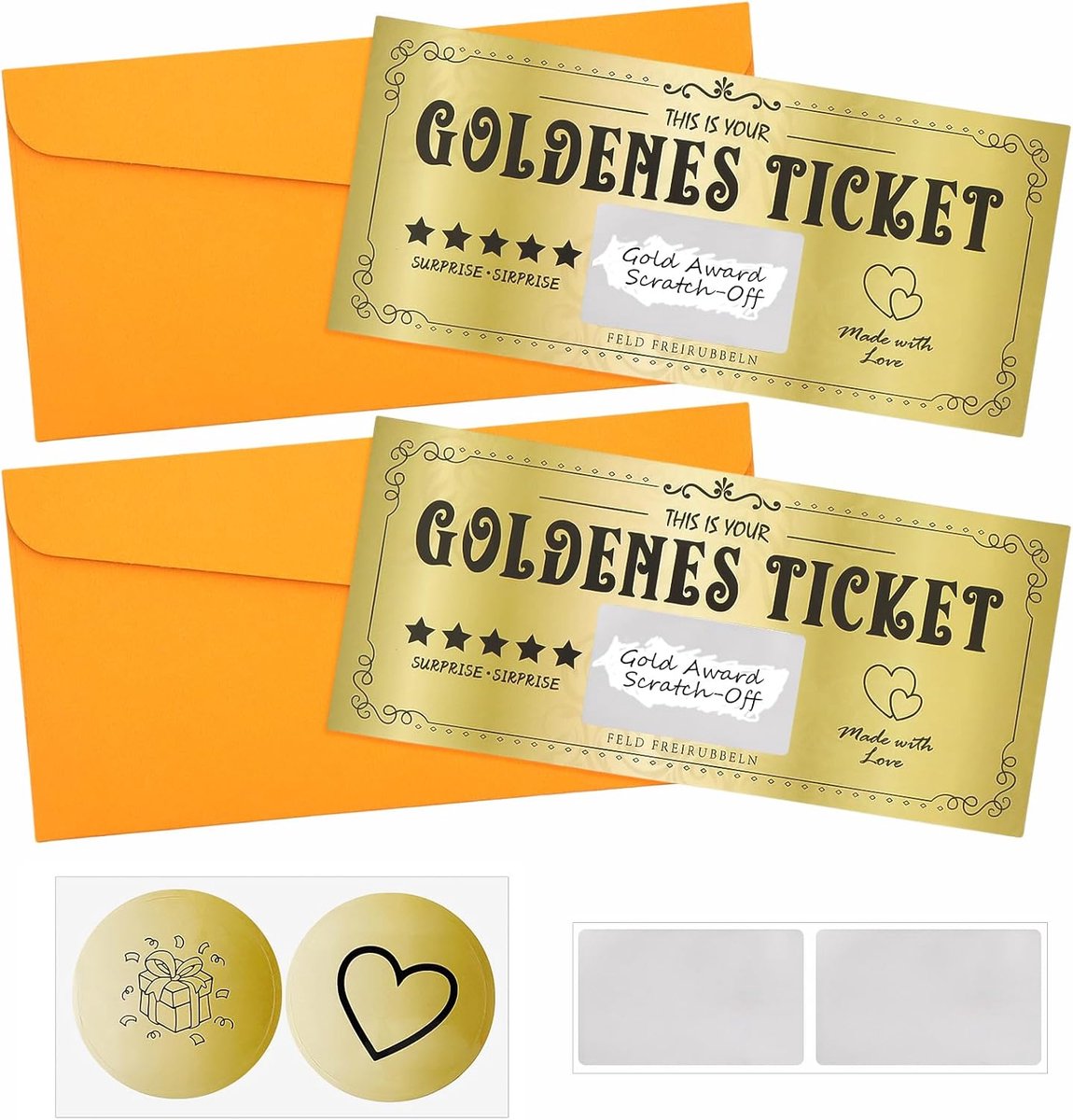 2 stuks gouden ticket met 2 goudkleurige krasstickers, 2 ronde stickers en 2 enveloppen, waardebonnen om zelf in te vullen, voor kerstcadeaubonnen, uitnodigingen, filmbonnen, verjaardagskaarten