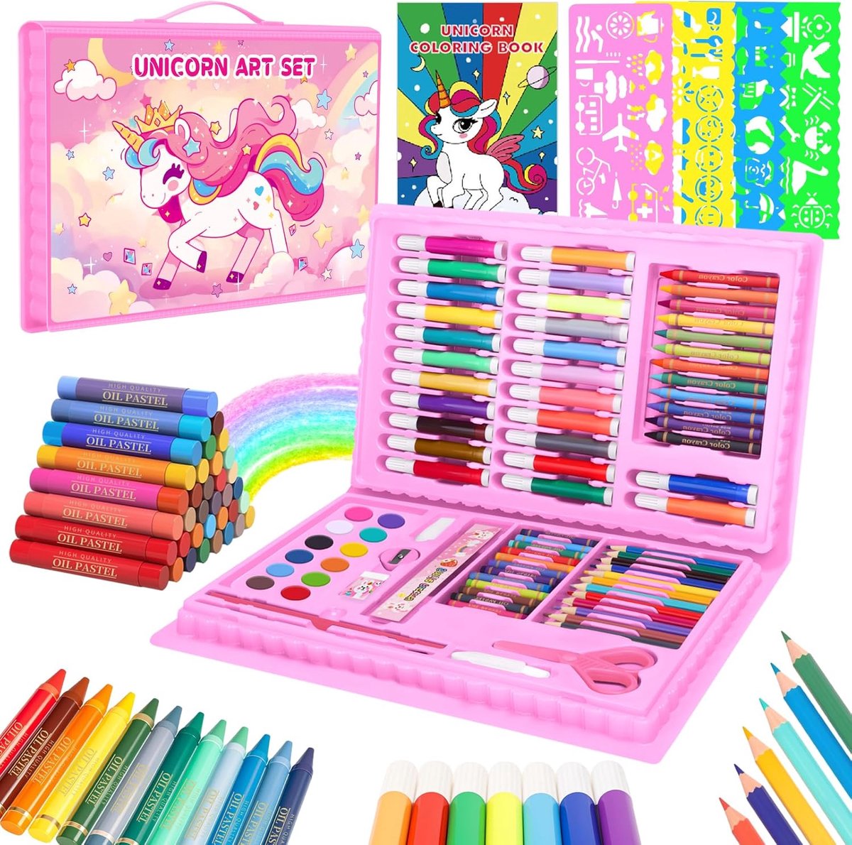Kleursets voor kinderen van 3-9 jaar, eenhoorn kunstset met oliepastels, kleurpotloden, kleurboek en kunstgereedschappen