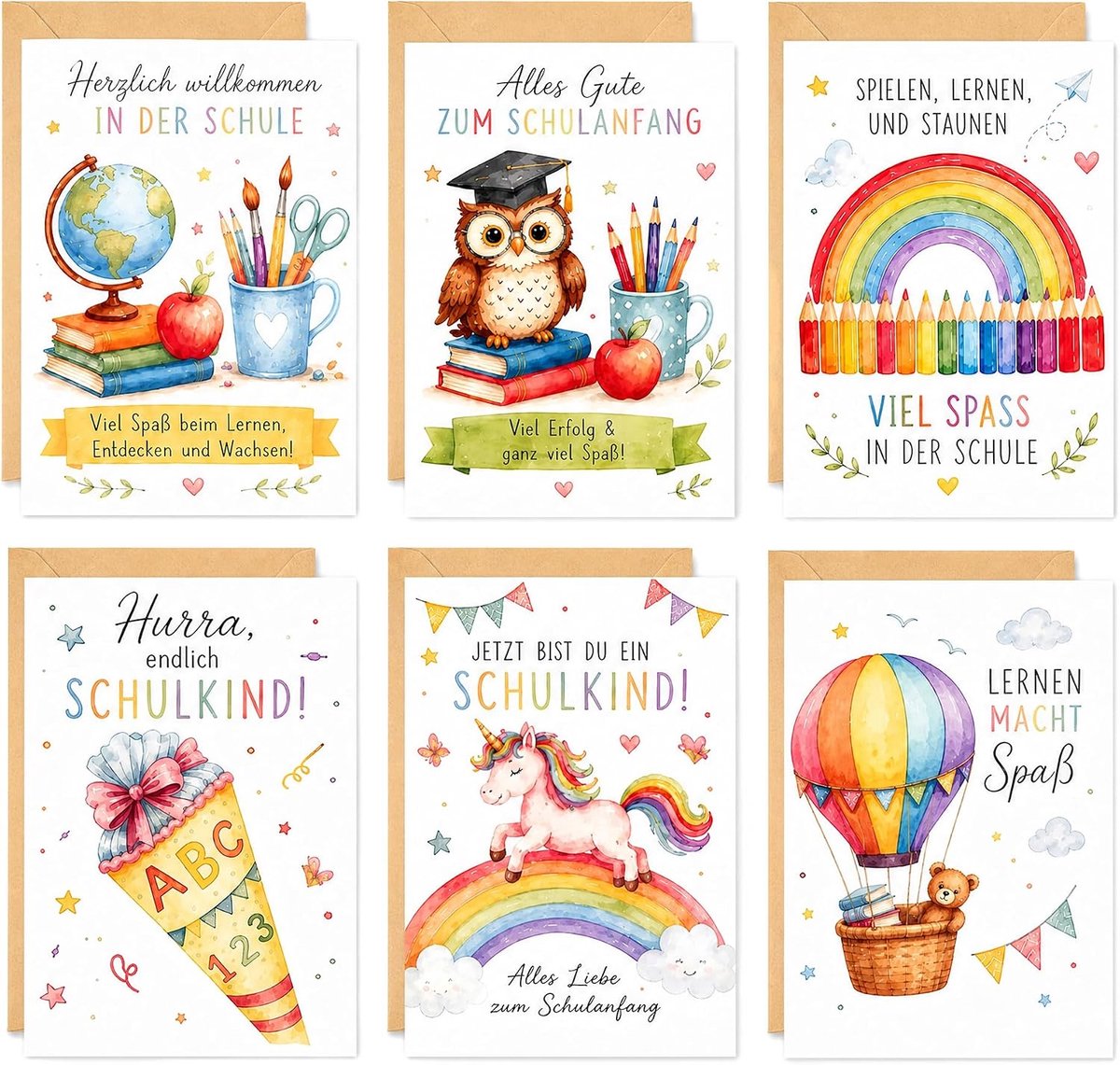 Set van 6 kaarten voor de eerste schooldag met enveloppen, wenskaarten voor meisjes en jongens, kaart voor de eerste schooldag, aquarelkaart voor de eerste schooldag, cadeauset