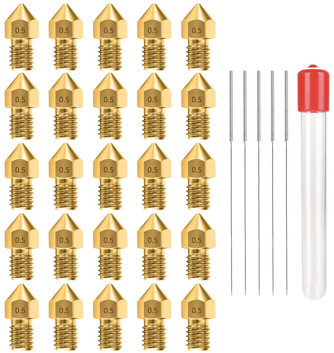 30 stuks 3D-printermondstukset, 25 x Messing Sproeiers + 5 x Roestvrijstalen Reinigingsnaald voor 0,5mm Extruder Sproeiers met Metalen Opbergdoos voor Makerbot Crealiteit CR-10 Ender 3 5