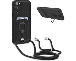 Telefoonhoes met koord, compatibel met Samsung Galaxy S20 FE 5G, telefoonhoes met koord, schuifcamerabescherming, 360 graden ringhouder, standaard, kaartenvak, verstelbare halsketting,