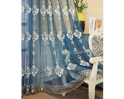Bandezid Luxe/Sheer Gordijnen, Retro/Geborduurd/Bloem/Voile/Gordijn/Gordijnen/Panelen/Voor/Villa/Woonkamer/Grommet Top-Blauw. 350x270cm (138x106inch) 1st