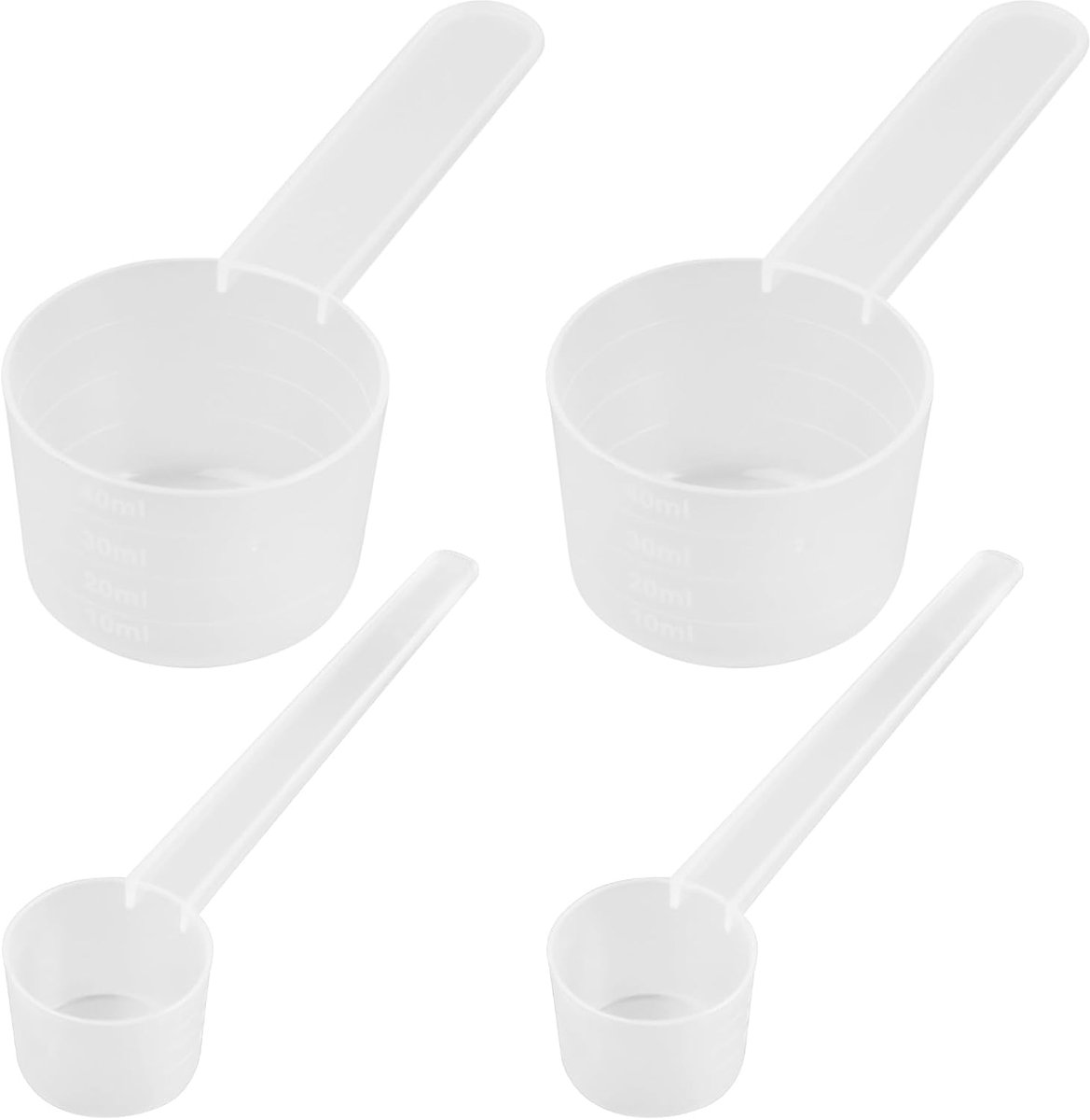 Maatlepelset, 2 stuks 40 ml/20 g en 2 stuks 5 g kunststof maatlepels met schaal, doseerlepel voor koffie, eiwitten, melkpoeder, vloeistoffen, cosmetica, keukenaccessoires (transparant)