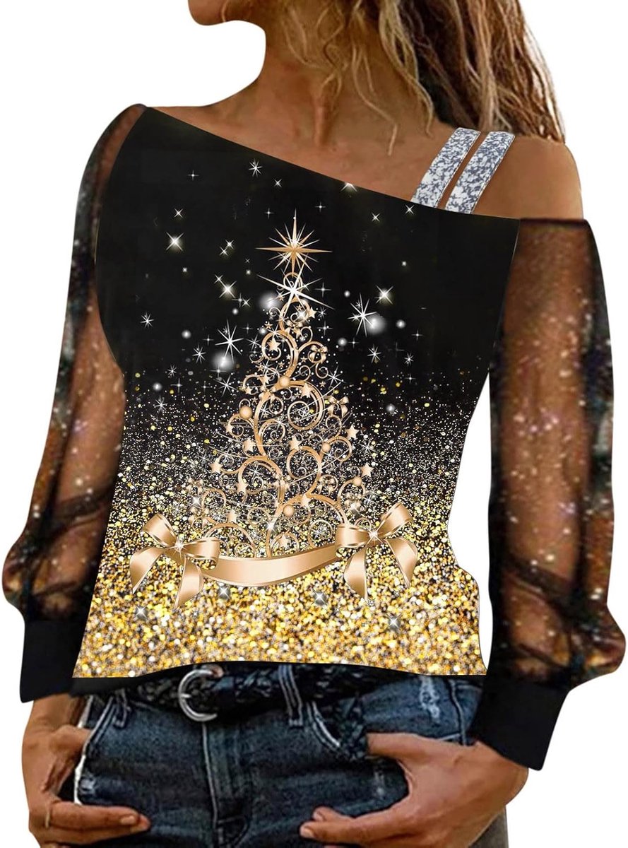 Weihnachts Tshirt Damen Sexy Schulterfrei Oberteile Glitzer Langarmshirt Weihnachtspullover Damen Lustig Langarm Shirt Bluse Tops Elegant Weihnachten Pullover Winter Spitze weihnachtshose