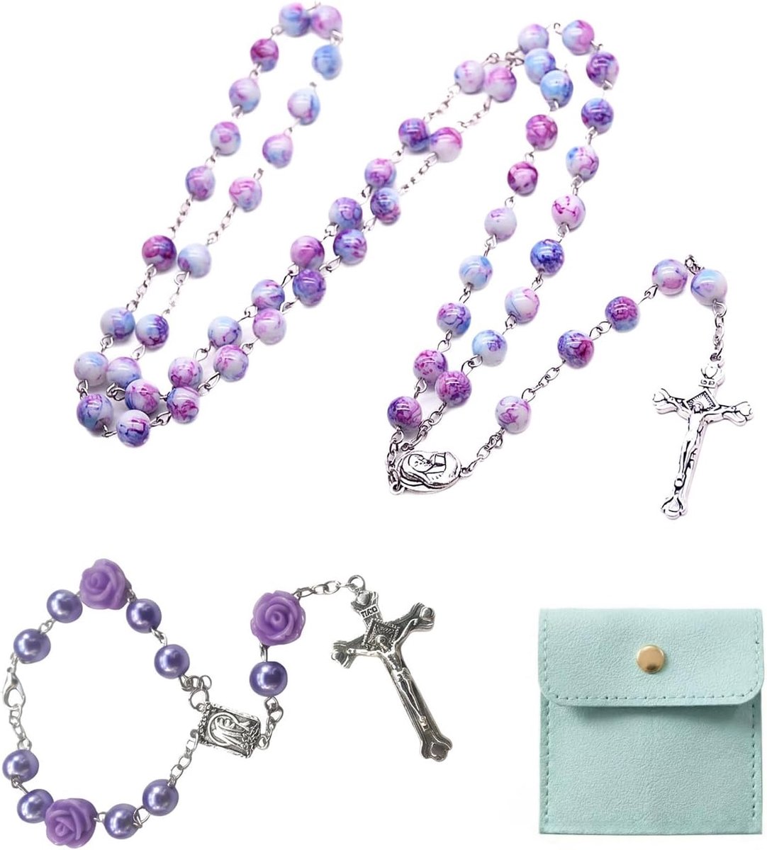 1 Katholieke Rozenkransketting En 1 Armband, Het Vintage Kruis Is Ele En Delicaat, Wordt Geleverd Met Een Fluwelen Geschenkzakje, Geschikt Voor Doophuwelijksgebedsgeschenken.