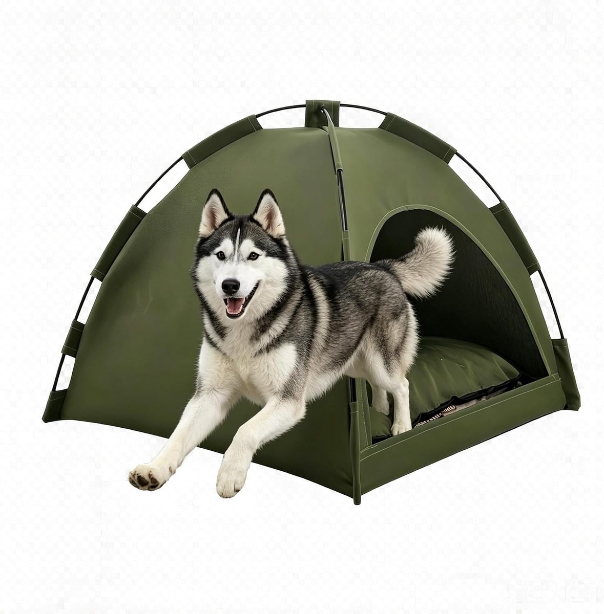 Tipi-tent voor huisdieren, hondentent, kattentent met pluche kussen, huisdiertent, huizen voor katten en honden, wegklapbare hondenmand en huisdierhuisjes (legergroen, L: 50 x 50 cm (geschikt voor