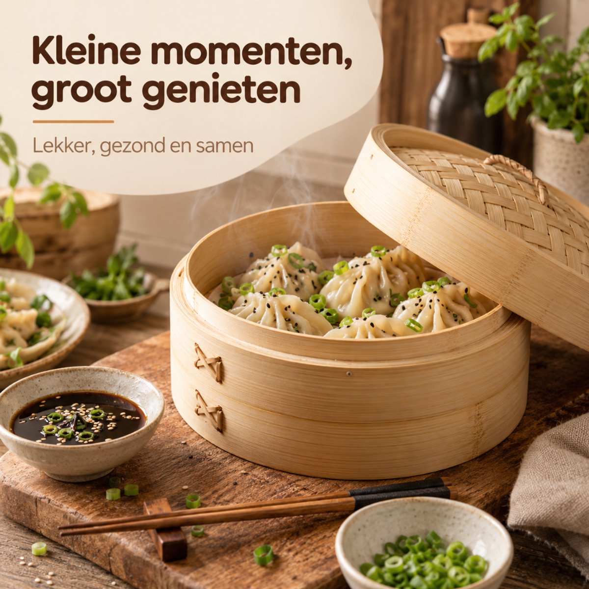 Tomec® Stoommand Bamboe 3-delig – Stoommandje en Stomer voor Dumplings, Dim Sum, Rijst en Groente — cadeau in Kookcadeaus - foto 4