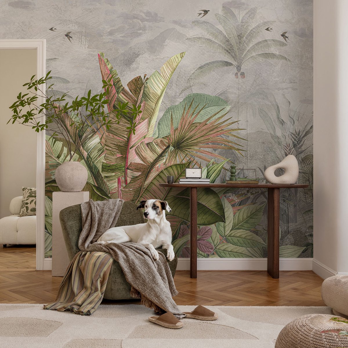 Coloray Vliesbehang - Grijs Snellijm Behang - 104x70 cm - Exotische Jungle Muurschildering - Gang behang Bloemen En Planten - Fotobehang Vlies - Slaapkamer behang