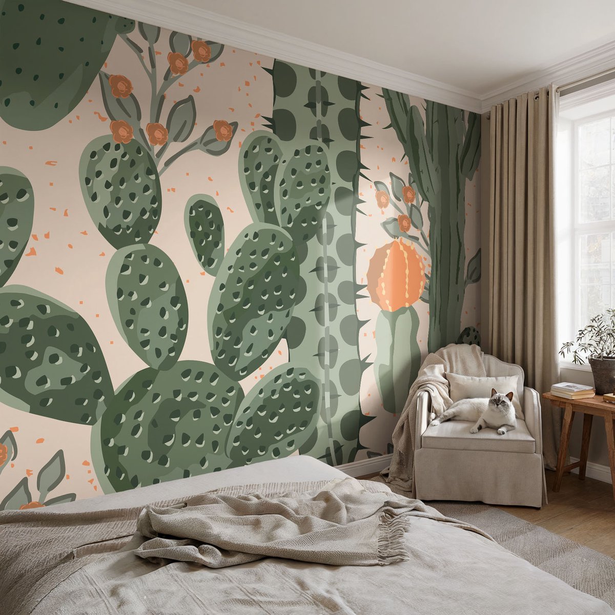 Coloray Vliesbehang - Groente Snellijm Behang - 104x70 cm - Groene Cactussen Fotobehang Vlies - Hal behang Bloemen En Planten - Muurschildering - Woonkamer behang