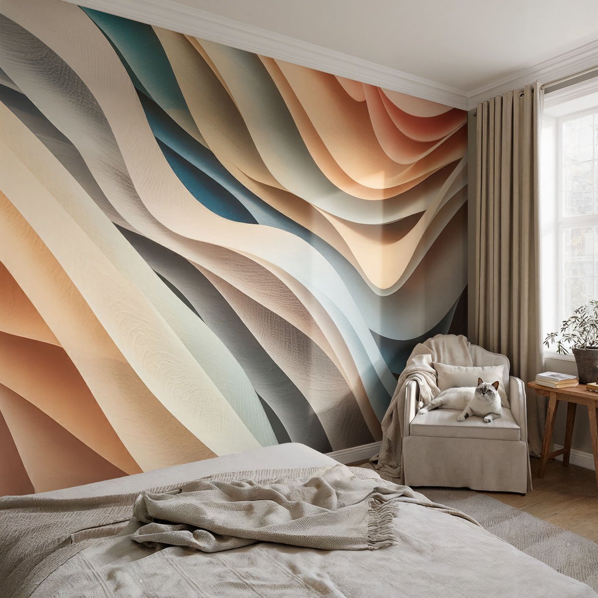 Coloray Vliesbehang - Beige Snellijm Behang - 104x70 cm - Golvende Vormen Fotobehang Vlies - Hal behang Abstractie - Muurschildering - Woonkamer behang