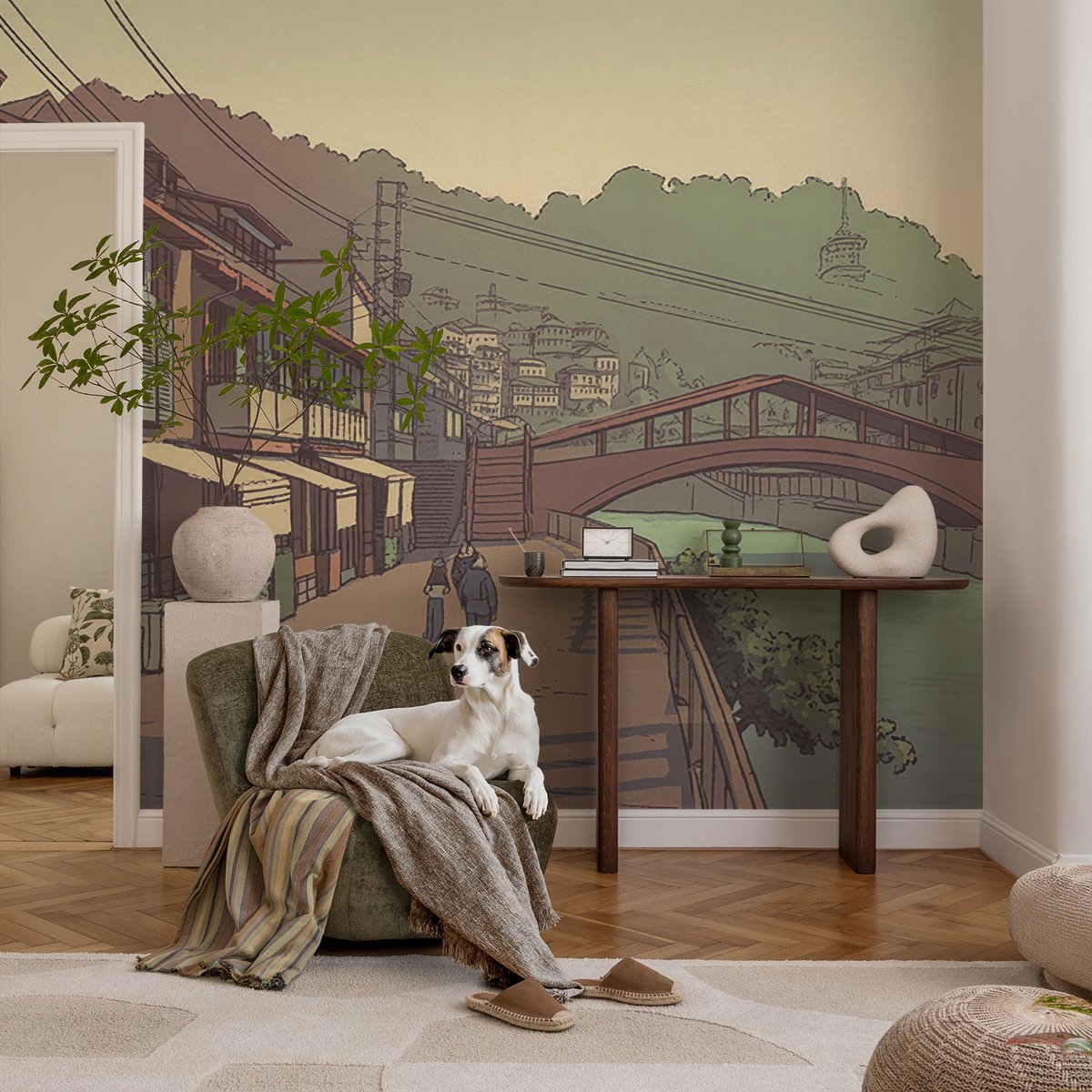 Coloray Vliesbehang - Bruin Snellijm Behang - 104x70 cm - Pastel Landschap Fotobehang Vlies - Woonkamer behang Architectuur - Muurschildering - Woonkamer behang