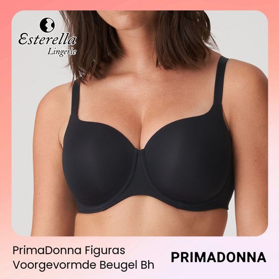 Zwarte voorgevormde beugelbh van PrimaDonna met bredere bandjes. Model draagt maat 95F.