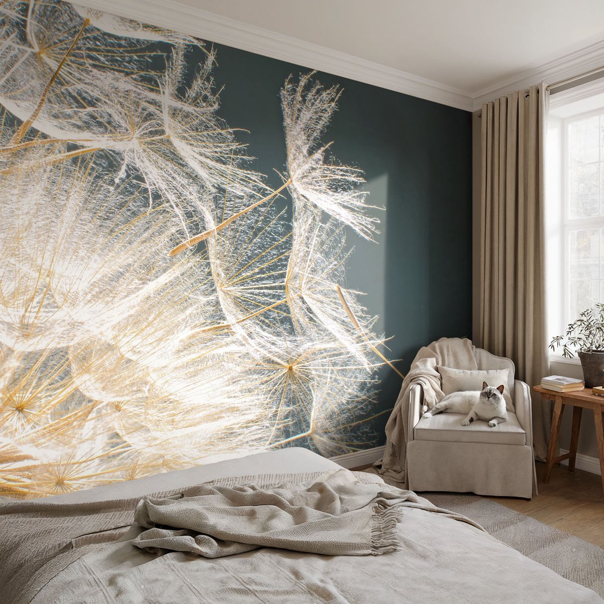 Coloray Vliesbehang - Wit Snellijm Behang - 152x104 cm - Paardenbloem Van Lichtheid Muurschildering - Slaapkamer behang Bloemen En Planten - Fotobehang Vlies - Slaapkamer behang