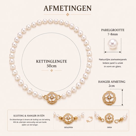 Parelketting van 50 cm met een bloemvormige gouden sluiting met zirkonia steentjes. Parels 7-8mm.