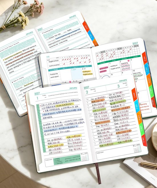 Dagplanner 2027, één dag per pagina, A5 dagplanner (januari – december 2027), schoolagenda 12 maanden met pen, gekleurde maandkaarten, penring — afbeelding 3