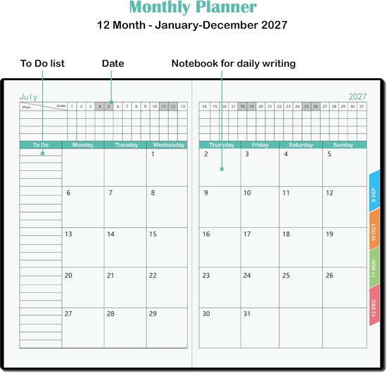 Dagplanner 2027, één dag per pagina, A5 dagplanner (januari – december 2027), schoolagenda 12 maanden met pen, gekleurde maandkaarten, penring — afbeelding 4