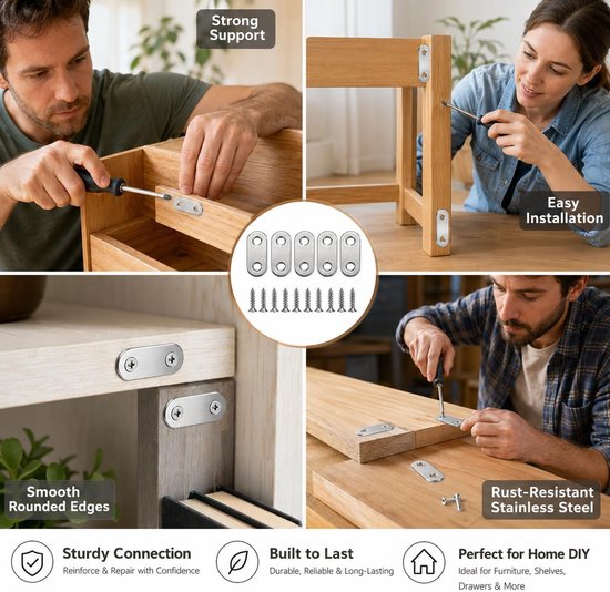 20 stuks roestvrijstalen flakke verbindingen (16×46 mm) in zilver – sterk, corrosiebestendig & universeel toepasbaar voor meubelreparatie, versterking en DIY-houtprojecten — afbeelding 5