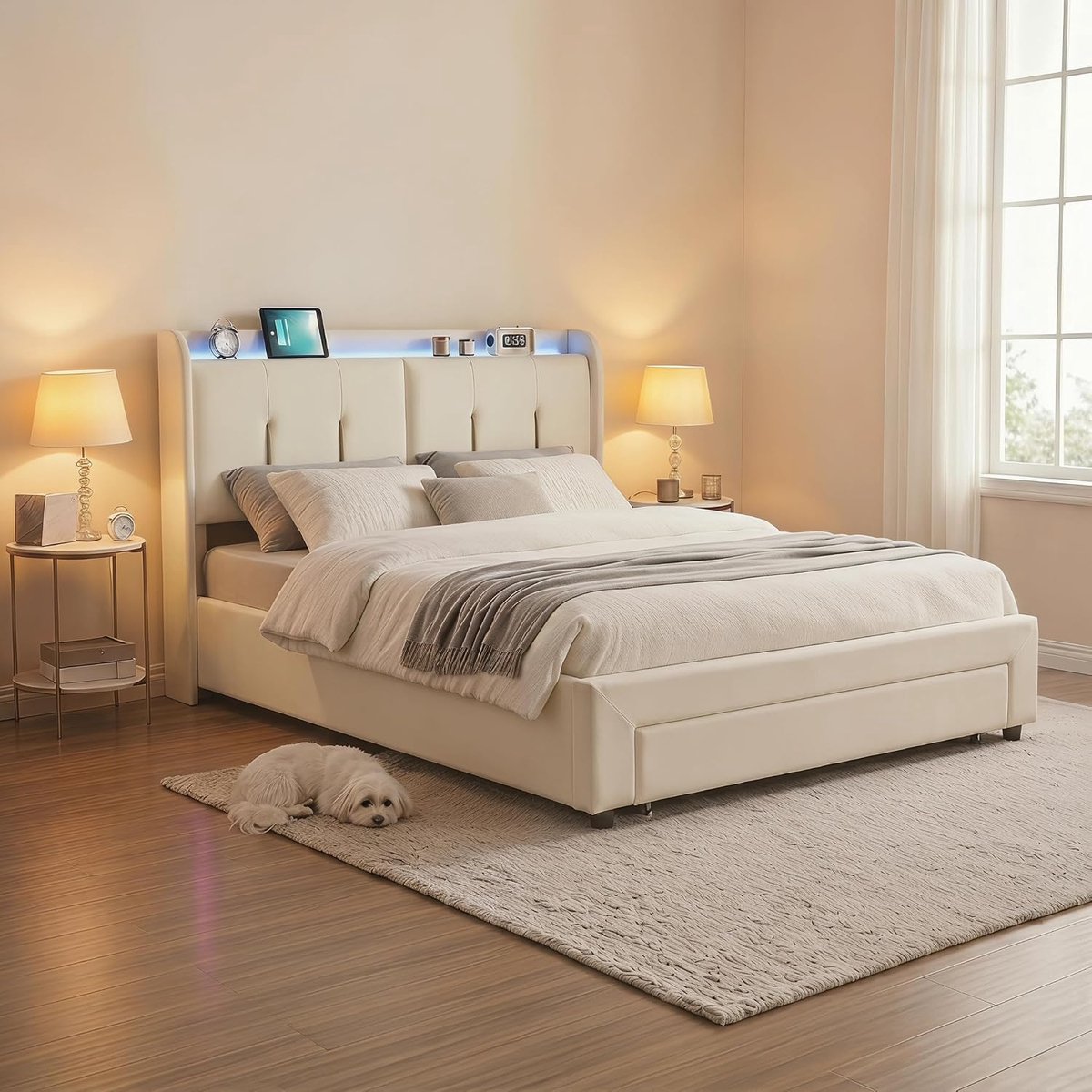 Bed Met Opbergruimte 160 x 200 cm, Tweepersoonsbed Met Led,Hoofdeinde, Hydraulisch Gestoffeerd Bed Frame,Boxspringbed Met Lattenbodem Opbergbed voor volwassenen en jongeren Beige Flueel
