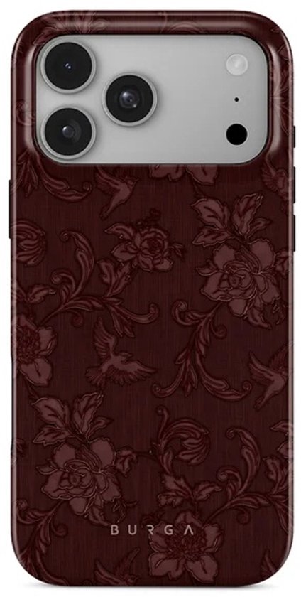 iPhone-hoesje in dieprood met een elegant bloemenpatroon en het BURGA-logo op de achterkant.