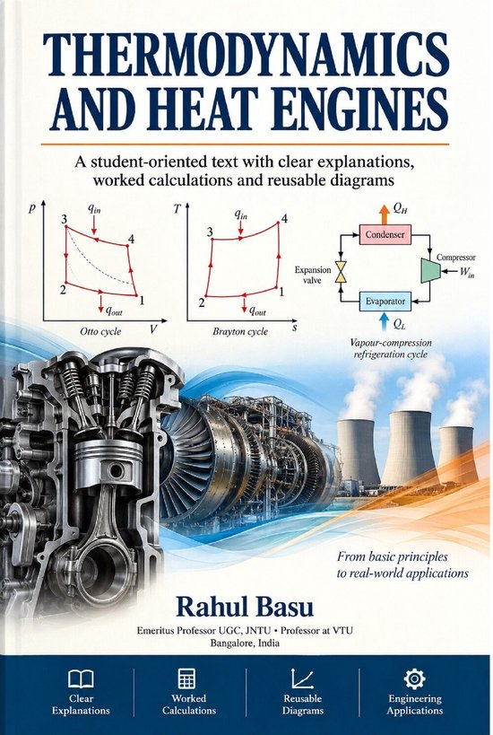 Boekomslag 'Thermodynamics and Heat Engines' met grafieken van thermodynamische cycli en industriële motoronderdelen.