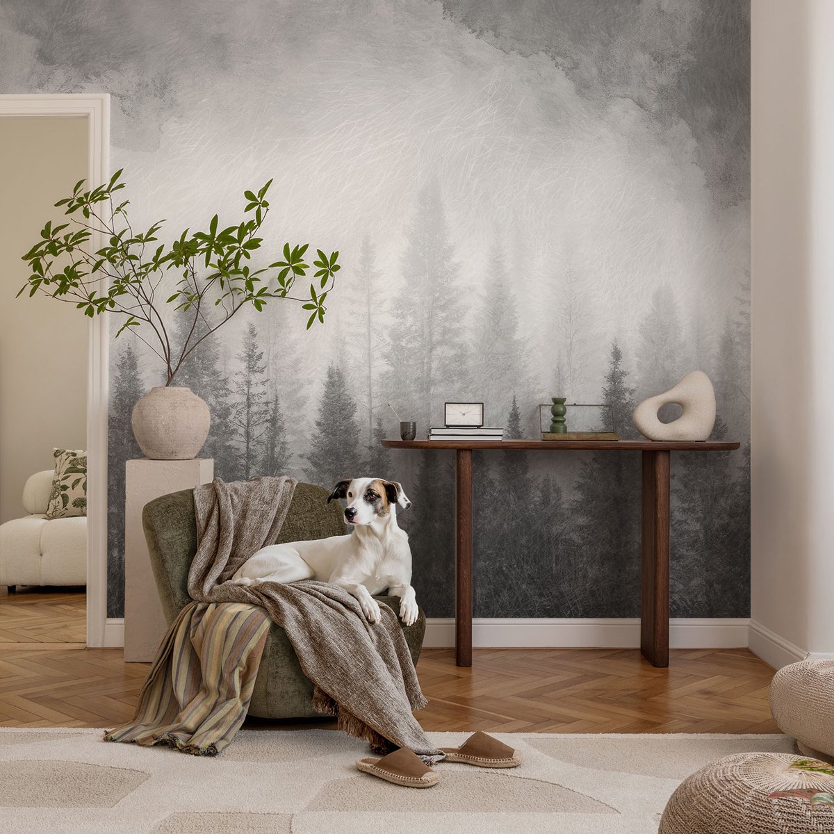 Coloray Vliesbehang - Zwart-Wit Snellijm Behang - 104x70 cm - Bosmist Fotobehang Vlies - Hal behang Landschappen - Muurschildering - Woonkamer behang