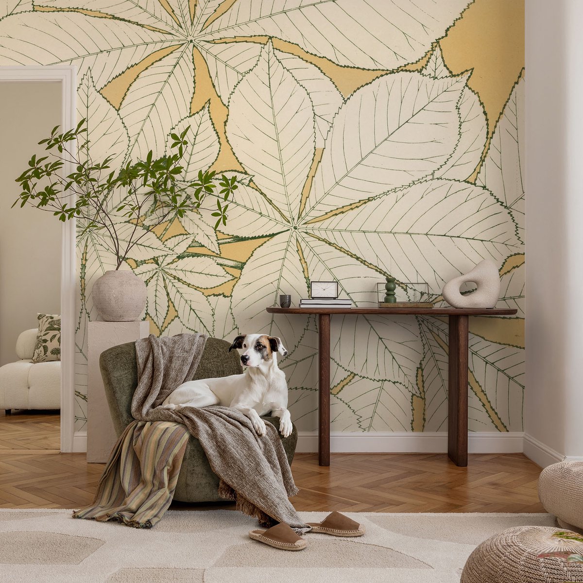 Coloray Vliesbehang - Beige Snellijm Behang - 104x70 cm - Kastanjebladeren Muurschildering - Gang behang Bloemen En Planten - Fotobehang Vlies - Slaapkamer behang