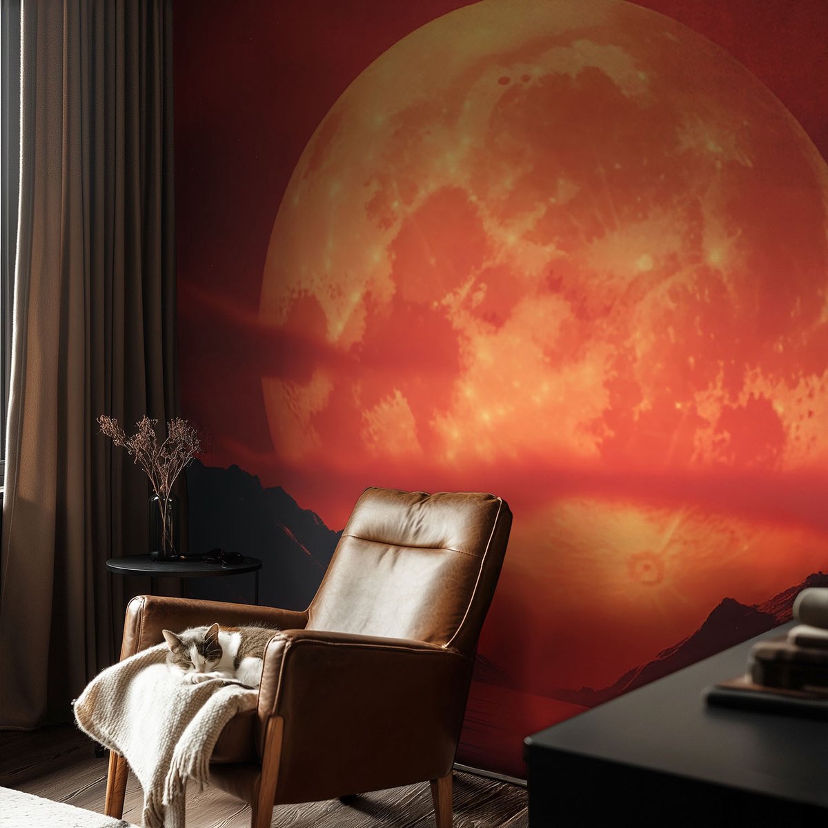 Coloray Vliesbehang - Rood Snellijm Behang - 104x70 cm - Nachtelijk Fenomeen Fotobehang Vlies - Woonkamer behang Kosmos - Muurschildering - Hal behang