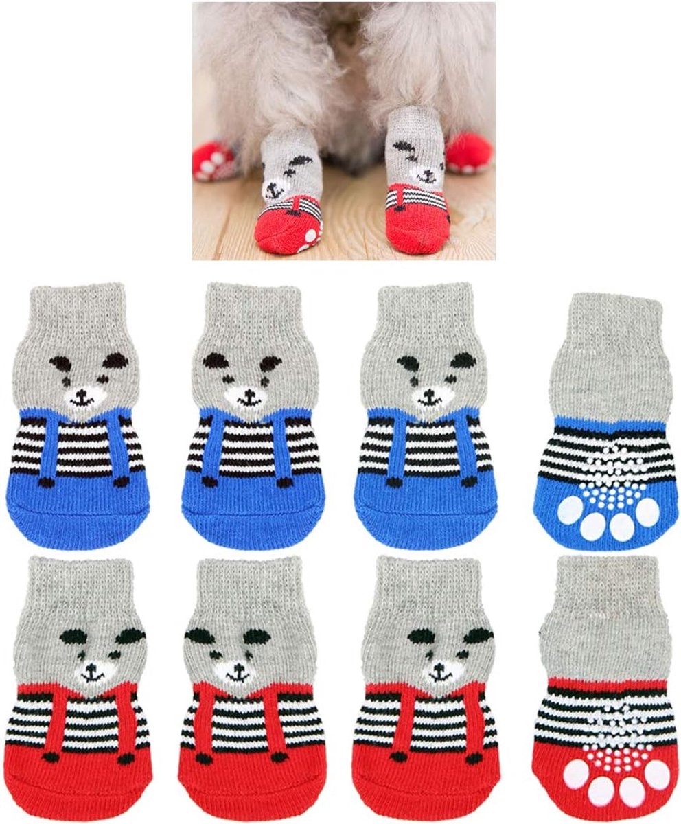 8 stks Anti-Slip Hond Sokken, Leuke Bear Patroon Indoor Wear Traction Control Paw Protector Schoenen voor Kleine Honden Puppy Kat (Groot formaat)