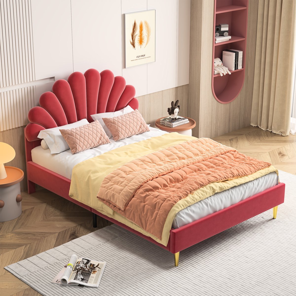 Yelenaro kinderbed 140x200 cm, Tweepersoonsbed met lattenbodem, tienerbed met bloemvormig hoofdeinde en lattenbodem, gestoffeerd bed, fluweel bordeaux, zonder matras
