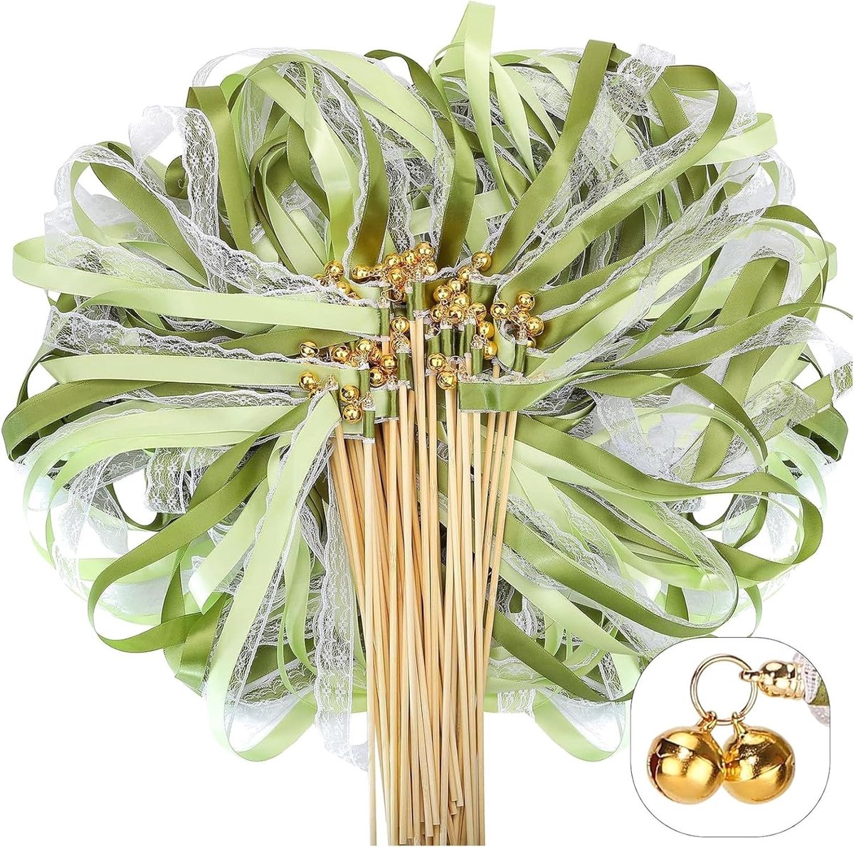 Wands: 50 Groene Decoratiestaven met Klokjes en Satijnenbandjes, Ideaal voor een Verrassing bij de Ambtenaarlijke Trouw of Bruiloft
