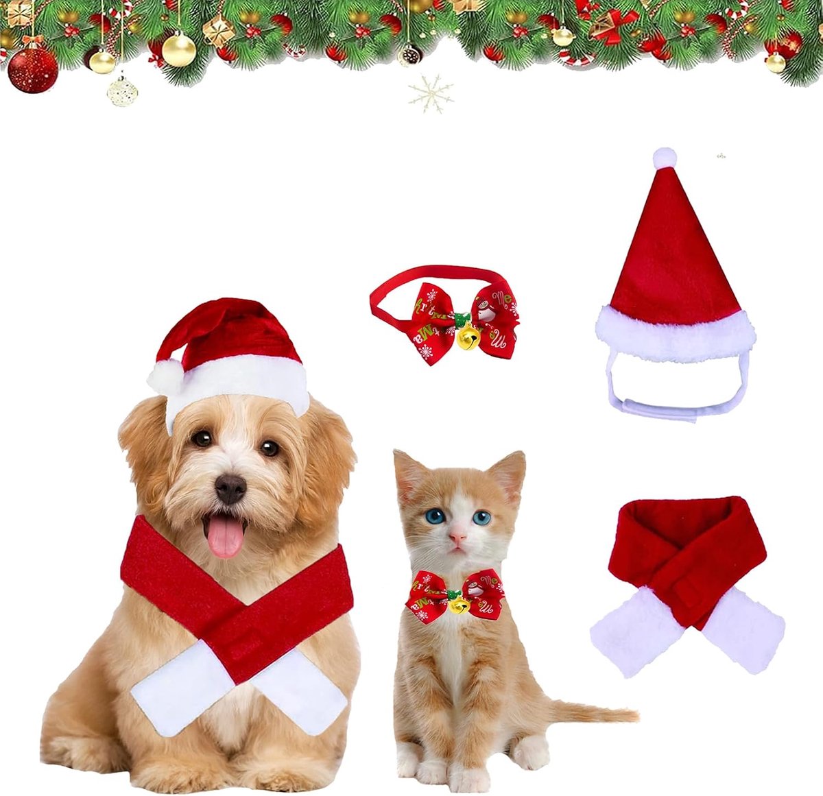 3-delig kerstkattenkostuum, hondenkostuum, kersthuisdierenkostuumset, kerstmuts, vlinderdas, kraag, sjaal, kerstkleding voor huisdieren, honden, katten, kostuumaccessoireset