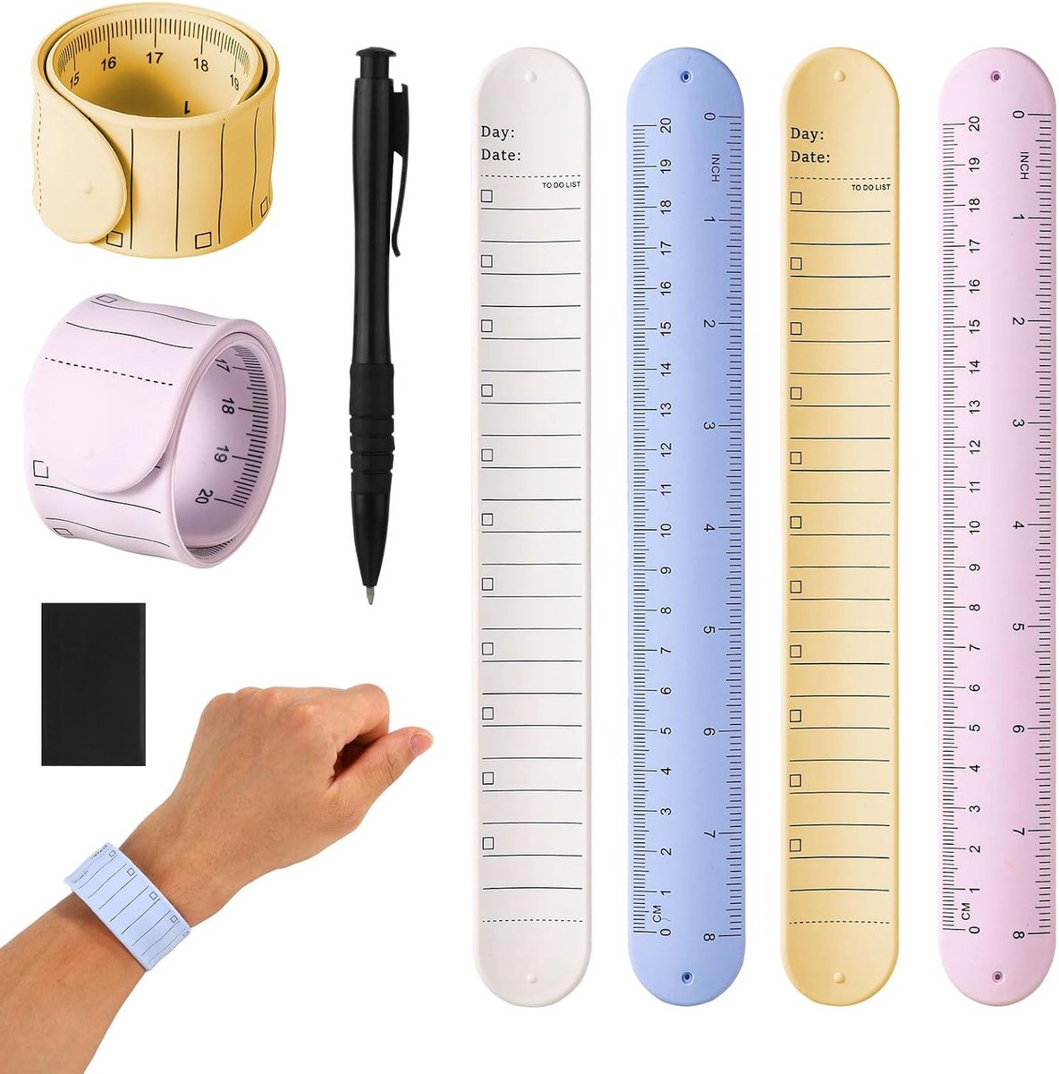 4st Polsnotitieblok, 23,8x3x0,25cm Uitwisbaar Draagbare to-Do-Lijstarmband Siliconen Notities Memo-Polsband met Pen Gum voor Studentenverpleegkundigen Dagelijkse Planner (Kleurencombinatie 1)