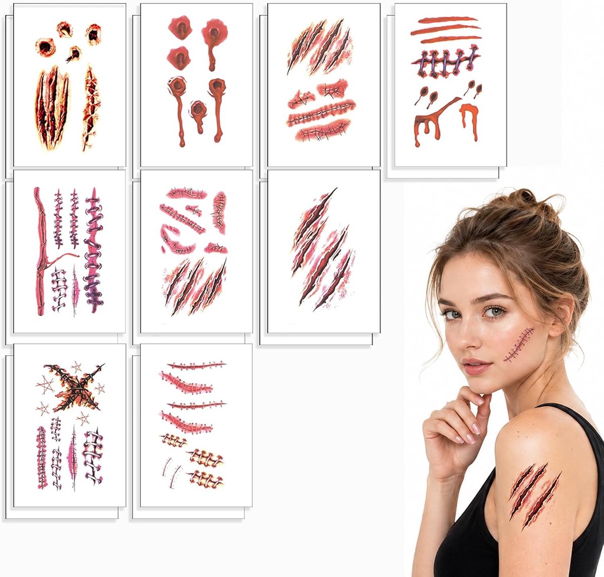 18 vellen Halloween-tatoeages, littekenstickers voor gezicht, realistische 3D-wonden, veilig en waterdicht, ideaal voor zombie-make-up, griezelig feest