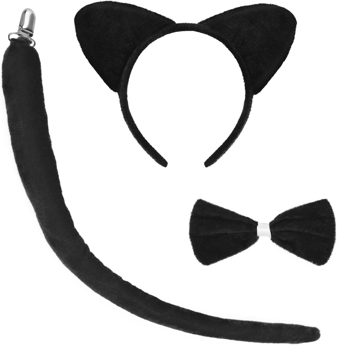 4-delige kattencosplay-set, zwart kattenkostuum, haarband, kattenoren, tutu, rok, zwarte rok, kattenstaart en strik, kattenkostuum voor meisjes, voor Halloween, carnaval, cosplay party